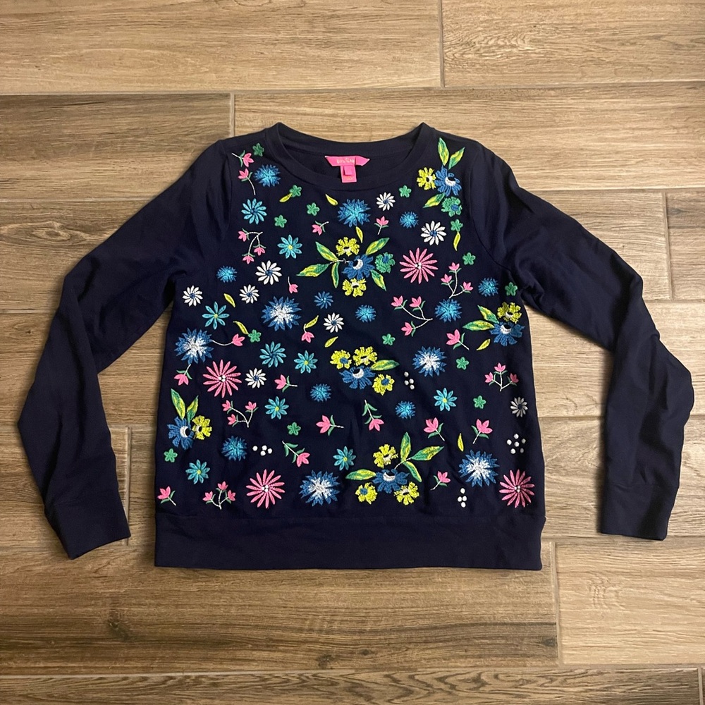 Lilly Pulitzer True Navy Floral Embroidered Pullover Long Sleeve Sweater
